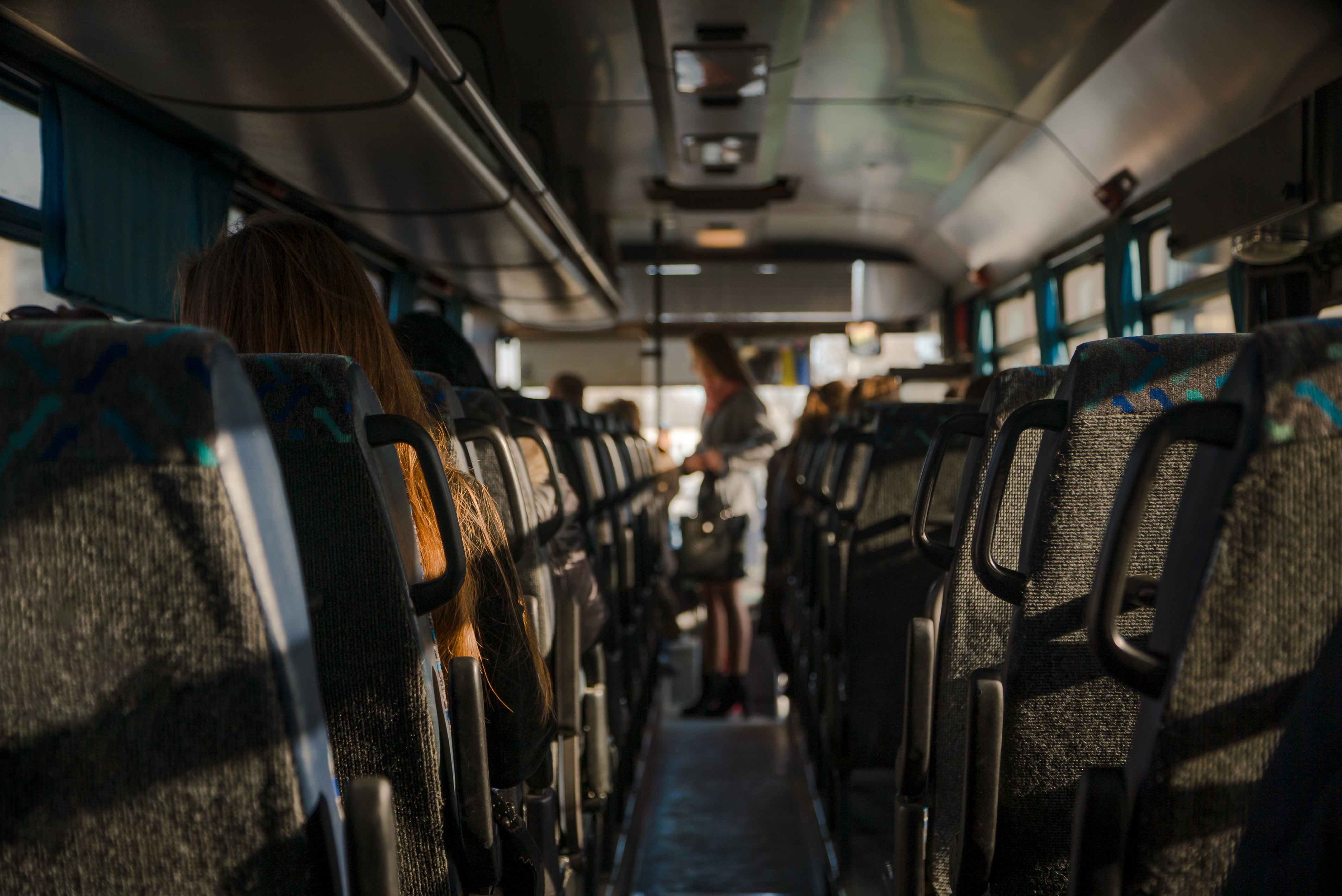 Inside of a charter bus